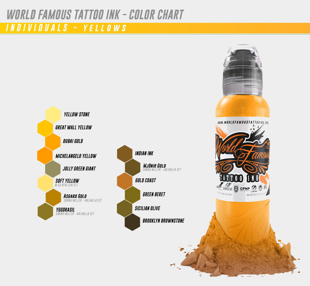 World Famous Tattoo Ink - Individual Bottles Yellow & Brown Collection